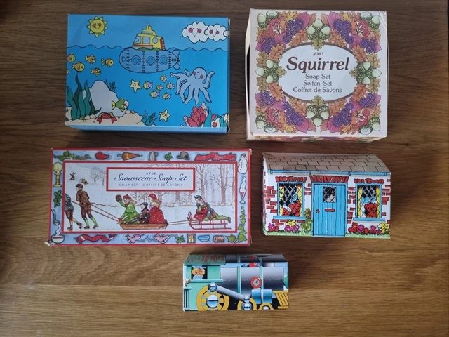 5 Vintage Avon Soap Sets - Squirrel, Submarine, Train Whistle, Snowscene, Bears