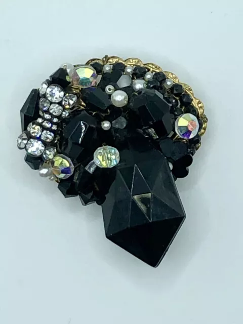 Victorian Revival Hand Wired Filigree Mourning Brooch Black Beaded Rhinestone