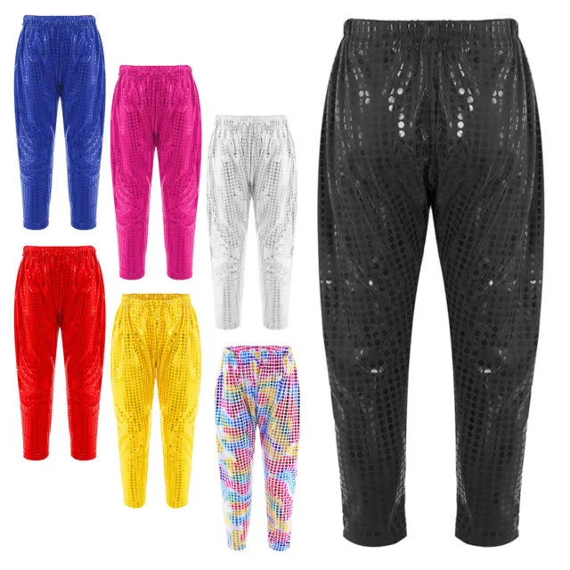 Girls Boys Shiny Sequin Long Pants Casual Harem Pants Stage Performance Trousers