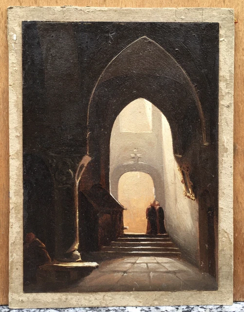 Tableau Ancien Huile Architecture Religieuse Église Gothique Intérieur Mi XIX