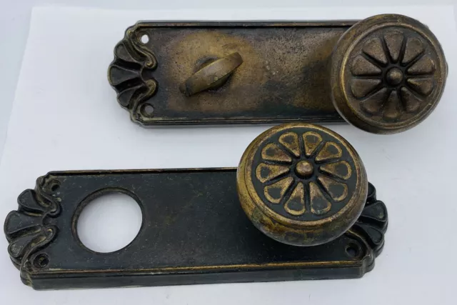 Antique Vintage Brass Ornate Backplates Door Knobs Set  Victorian & Lock plate