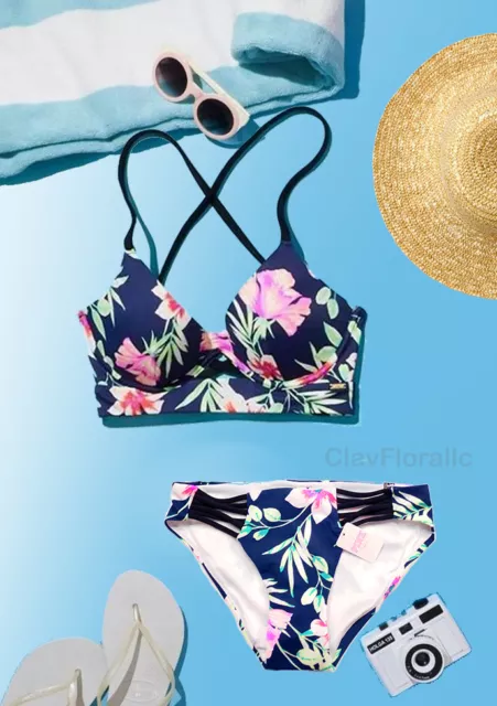 VICTORIA'S SECRET SWIM set PINK Push-Up Cross-Back Scoop Lace Bikini Navy  Floral $75.00 - PicClick