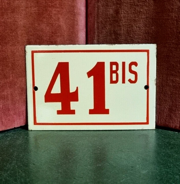 Vintage French enamel house sign number 41 bis red raised for door gate street .