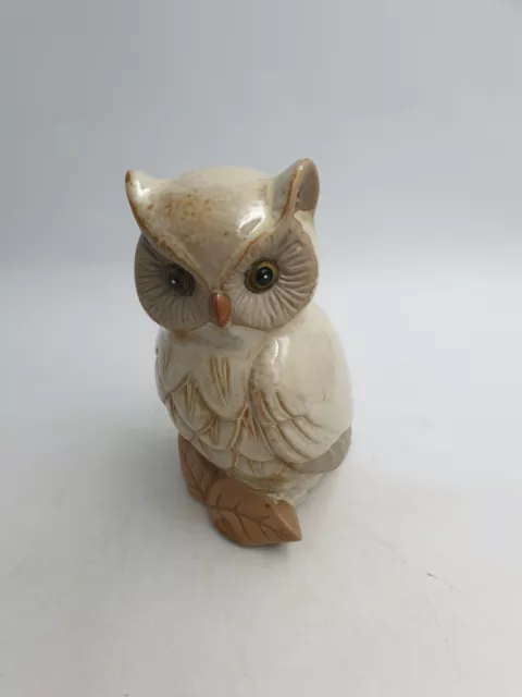 Art Pottery Ceramic Owl Bird Figurine Light Brown Textured Hand Painted Eyes