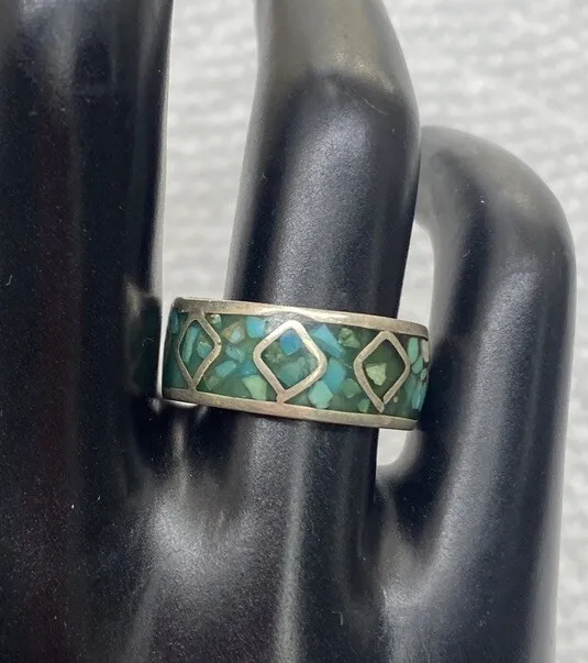 Vintage Mexico Sterling Silver 925 Inlaid  Crushed Turquoise Ring Size 7.75