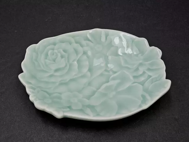 Chinese Celadon Green Porcelain Trinket Dish Plate Plum Blossom Roses Flowers