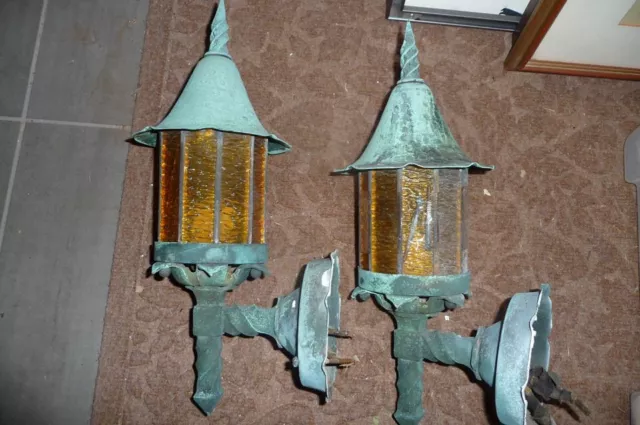 2 Vintage Arts & Crafts Gothic Witch Hat Porch Light Wall Sconces Antique Copper