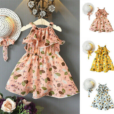 Toddler Baby Kids Girls Sleeveless Floral Print Princess Dress Hat Outfits