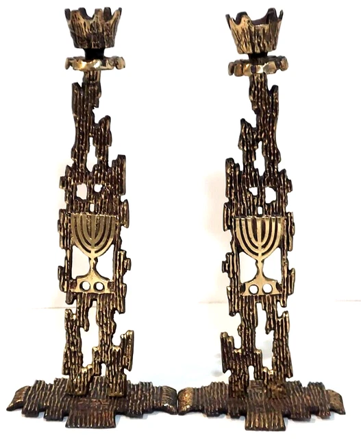 2 PAIR MCM Jewish Brass Shabbat Candlestick Candle holders 10" Menorah