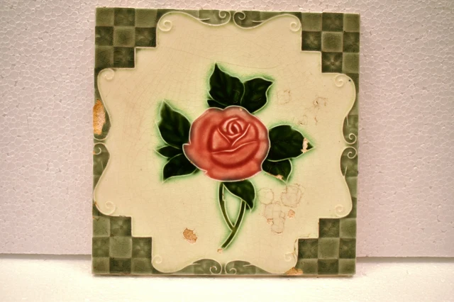 Antique Tile Japan Majolica Art Nouveau Porcelain Floral Rose Architecture "J60 2