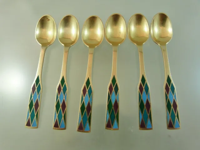 Harlequin Enameled By Georg Jensen Sterling Silver 6 Demitasse Spoons Blue 4"