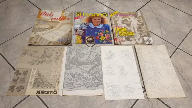 Lote 3 Revistas Vintage Trabajo A Punto Ganchillo Y Bordado + Adhesivos Granel