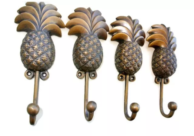 4 large PINEAPPLE COAT HOOKS solid age brass  vintage old style 19cm hook B