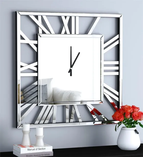 Full Mirrored Square Wall Clock Large Roman Numeral Silent Clock Silver Finish