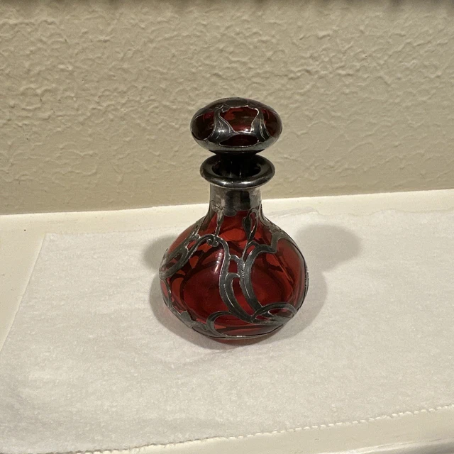Antique Sterling Silver Overlay Cranberry Red Glass Perfume Bottle