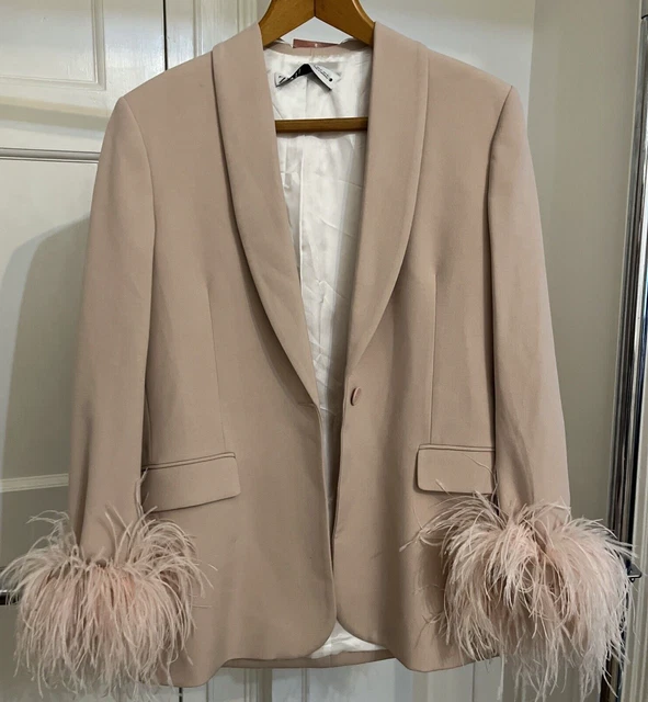 NEW ZARA WOMAN Ss 2023 Straight Cut Blazer Feathers Coat Beige