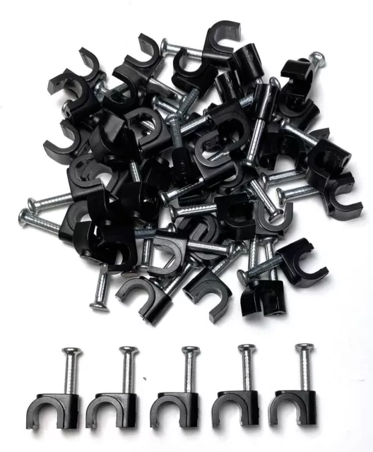 Round Coax Cable Clips Black & White 4 5 6 7 8 10 12Mm Fixing Nail Bulk Pack 100