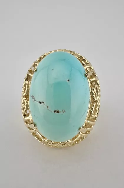 HUGE Antique 14k Yellow Gold Cabochon Persian Turquoise Filigree Ring 2