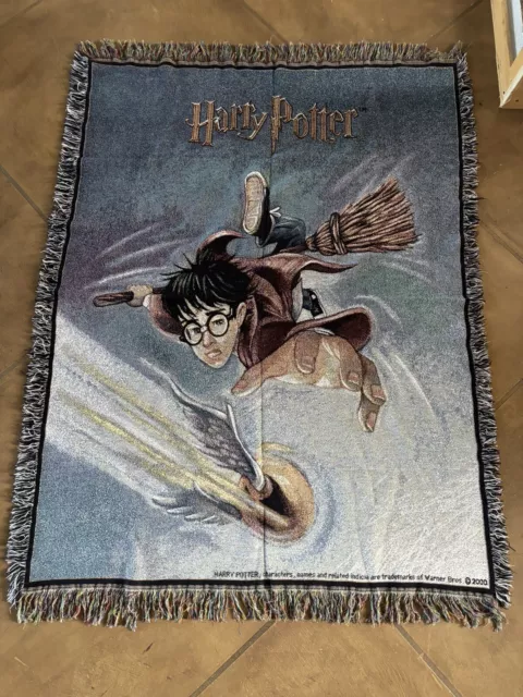 HARRY POTTER  Tapestry Throw Blanket Vintage 2000 Quidditch Riding Broom 48"x 60