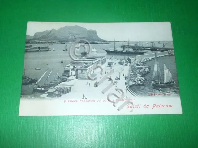 Cartolina Saluti da Palermo - Il Monte Pellegrino col porto e l'antemurale 1900.