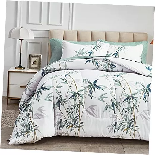 6 Pieces Bed in a Bag Twin Comforter Set with Sheets Twin-6 Pieces Green Leaves