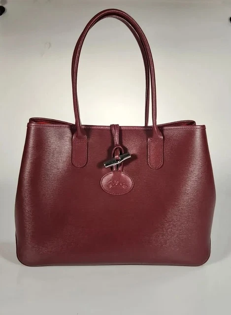 LONGCHAMP Roseau Leather Shoulder Tote Burgundy Bamboo