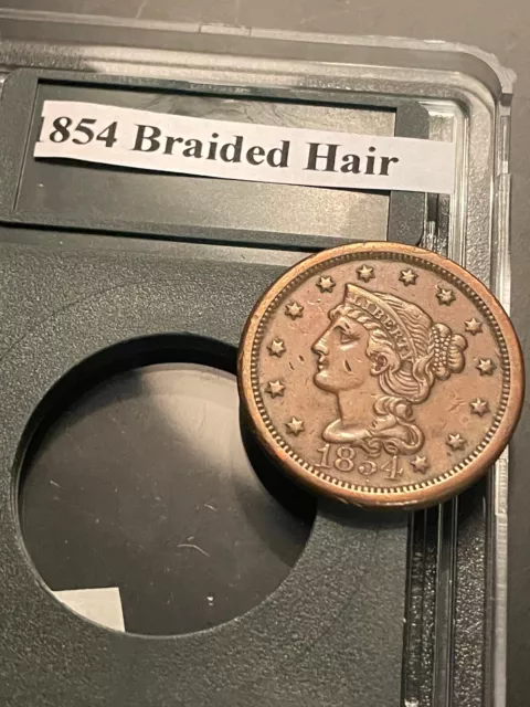 1854 Large Cent 1C Braided Hair Copper Coin US Liberty w/ Case! ***NO RESERVE!!