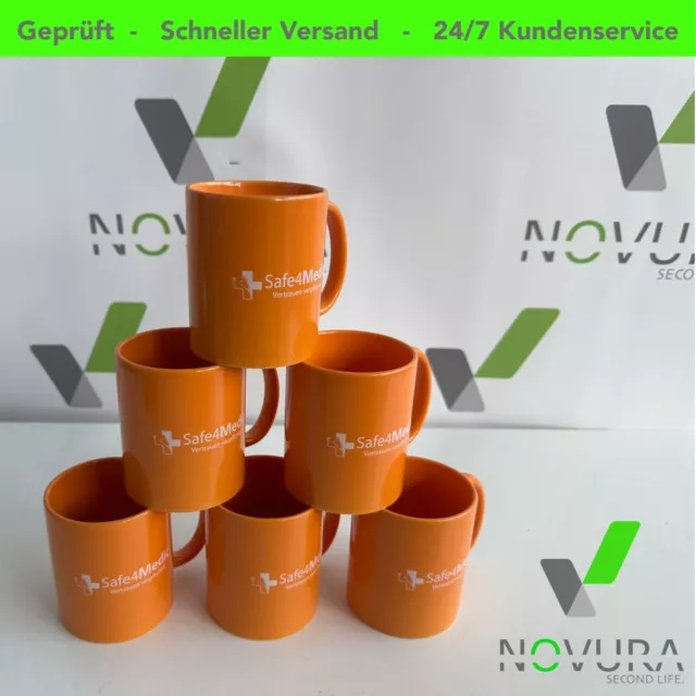6er Set Keramik Tassen / Kaffeebecher Orange mit eingebranntem Logo, 300ml