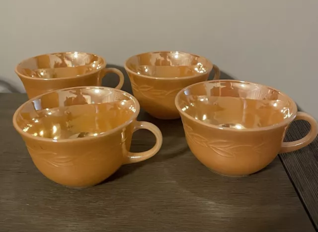 Anchor Hocking Fire King Peach Luster Sheaves Of Wheat Cups Coffee Mugs Set Of 4