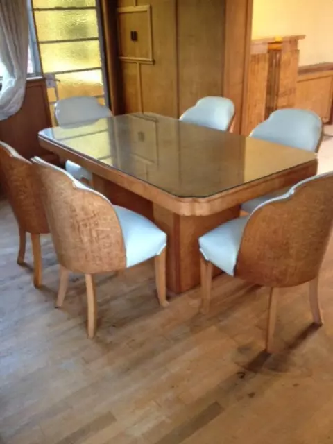 c1930 H & L EPSTEIN 6 Cloud Chairs and Lozenge Table in Burr Maple