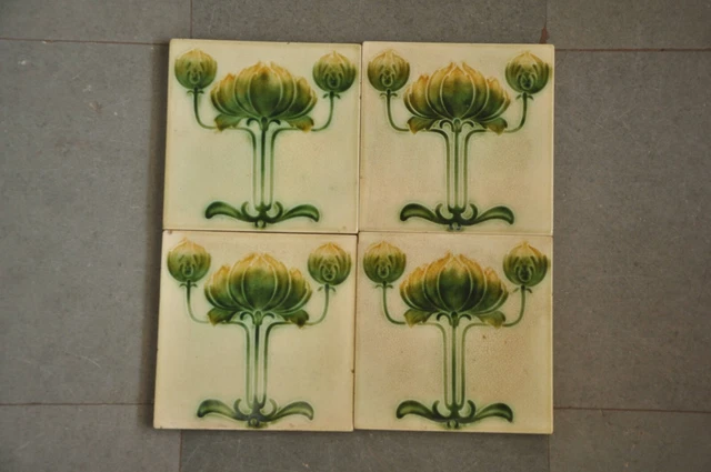 4 Pc Vintage Majolica Floral Design Decorative Art Ceramic Tile , England
