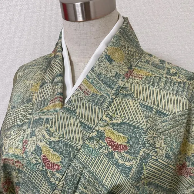 Japanese Kimono Oshima Tsumugi Pongee 150.5cm Flower Pine Pattern Green
