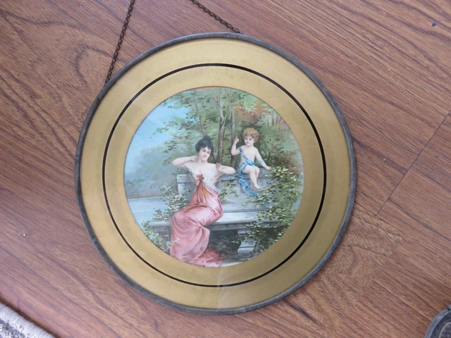 Antique Victorian 9" Flue Cover Cherub & Woman Lithograph Beautiful Glass Brass