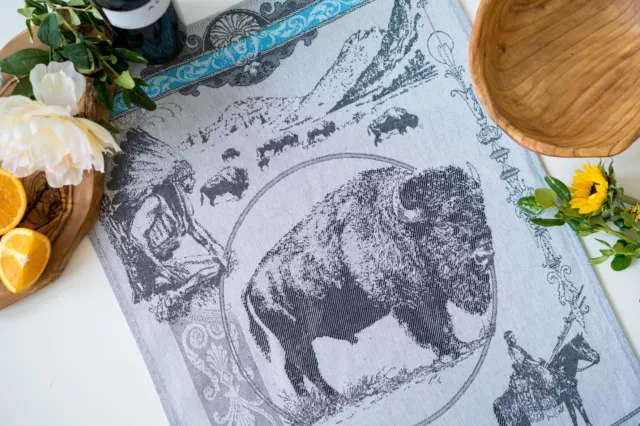 Buffalo Bison Jacquard Kitchen Dish/Tea Towel Black Turquoise 100% Cotton Czech