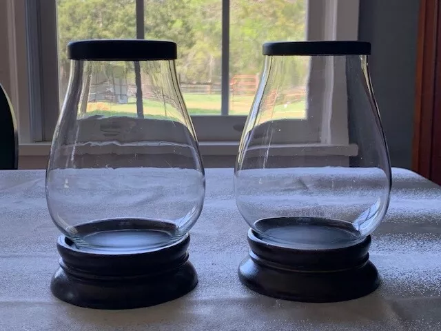 Set of 2 Pottery Barn Turned Wood Elevated Clear Glass Hurricane Candle Holders