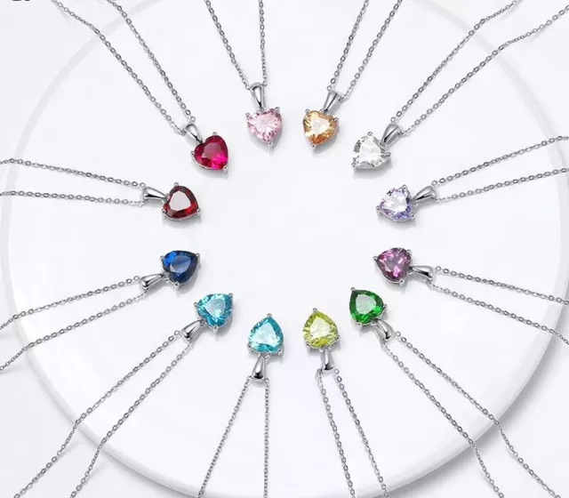 Heart Birthstone Necklace Zirconia Charm Pendants Women Silver Chain Necklaces