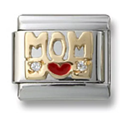 Italian Charm MOM Red Enamel Heart 18K Gold & CZ Stainless Steel Bracelet Link
