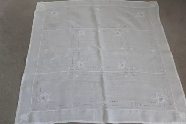 Vintage white voile tablecloth with embroidery and drawn thread/ladder work.