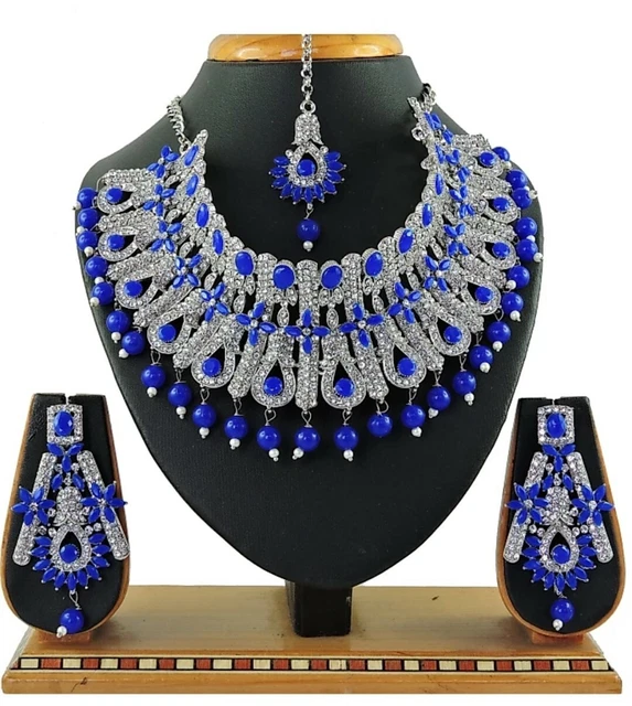 Blue Pearl Stud Indian Sliver Plated Jewelry Necklace Earrings Mang Tika Choker
