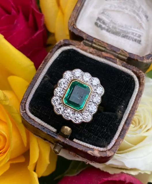 Art Deco Style 3 Ct Emerald & Lab Created Diamond Cluster Engagement Silver Ring