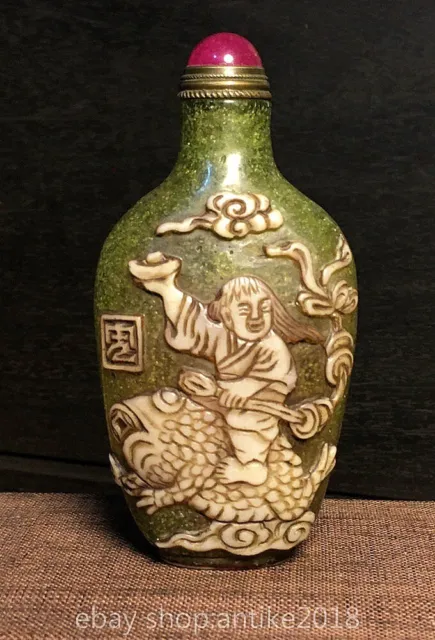 3.4" Old Chinese glaze Carved Dynasty Palace People story Word Snuff Bottle