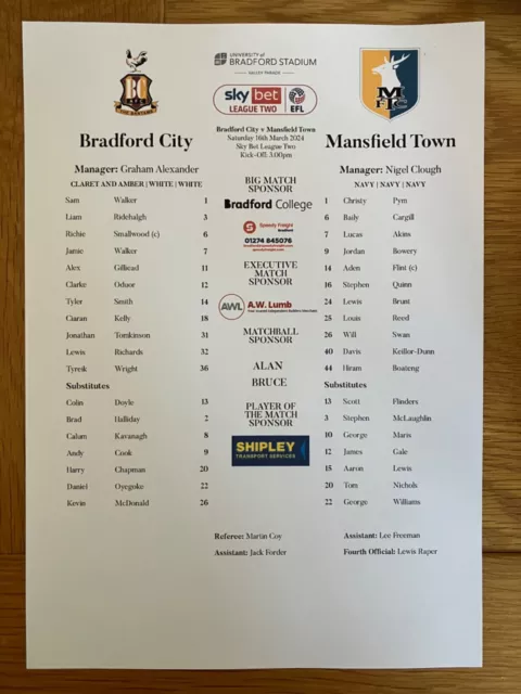 Bradford City 2023-2024 Season Home Club Format A4 Colour Team Sheets