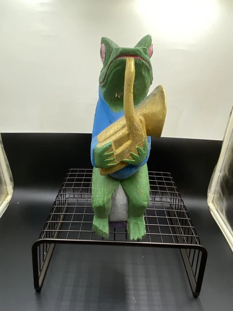 Vintage Frog Playing Horn Folk Art Wooden Figure Hand Carved Painted Wood