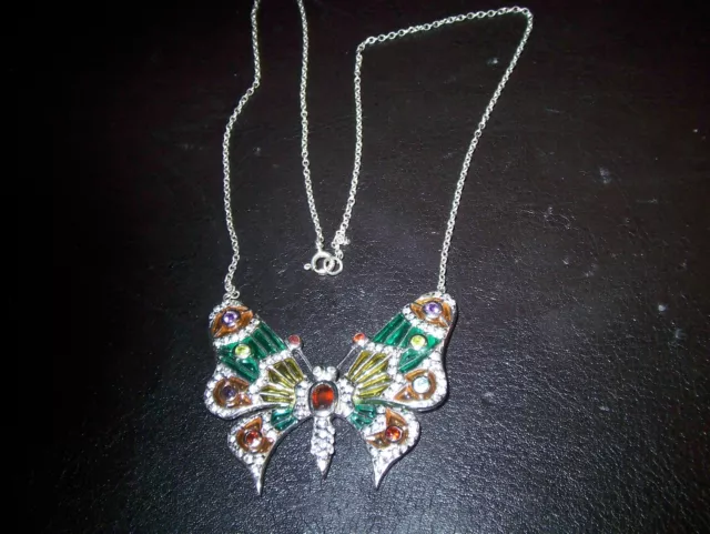 magnifique grand pendentif papillon collier plique a jour émail pierres de couleur 3