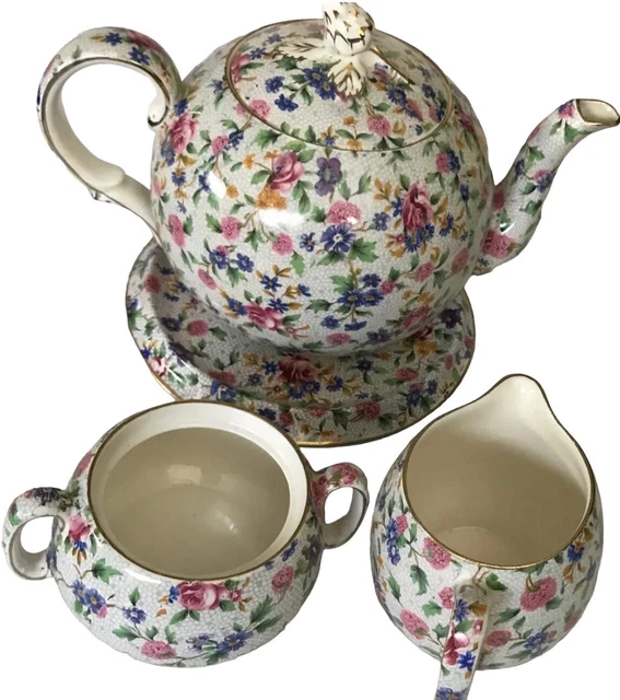 Vintage Royal Winton Grimwades Old Cottage Chintz TeaPot Tile Cream Sugar Set