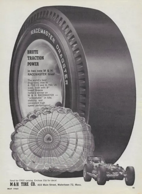 1962 M&H Racemaster Dragster Tires Ad MH Vintage Magazine Advertisement M & H