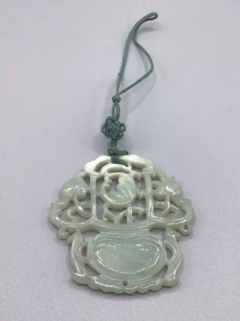 Antique Carved Jade Pendant Large Basket with Fruit Green Stone Oriental Jewelry