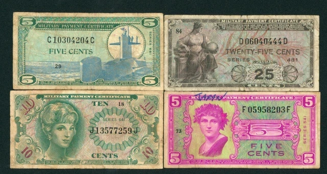 (( FOUR CERTIFICATES )) 5 / 10 / 25 Cents Military Payment Certificate CURRENCY