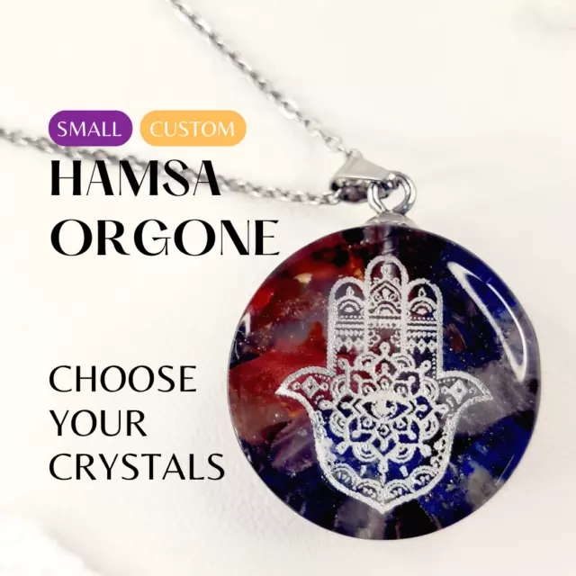 Hamsa Necklace Orgonite Pendant Fatima Hand Evil Eye Protection EMF Shield