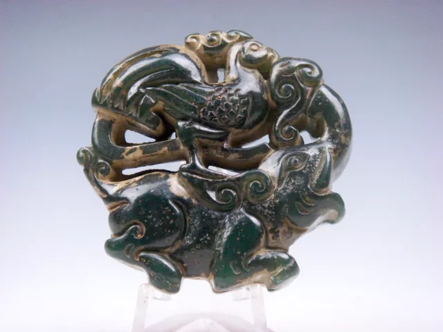 Old Nephrite Jade Stone Carved Pendant Phoenix Riding Elephant #12102202